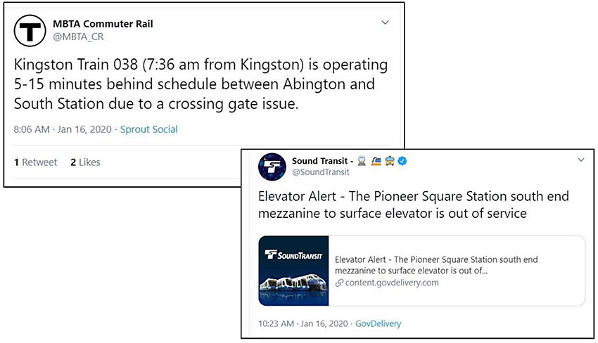 This slide is entitled, “Agency-Generated Social Media” with the subtitle, “Service Updates and Alerts”. There are screenshots of two tweets on this slide, one in the top, left corner and the second in the bottom, right corner. The first tweet is from the “MBTA Commuter Rail” account. The tweet reads “Kingston Train 038 (7:36 am from Kingston) is operating 5-15 minutes behind schedule between Abington and South Station due to a crossing gate issue.”. The screenshot indicates at this was posted at 8:06 AM on January 16, 2020. It has 1 Retweet and 2 Likes. The second tweet is from the “South Transit” account. The tweet reads “Elevator Alert – The Pioneer Square Station south end mezzanine to surface elevator is out of service”. Below this text is a link to this service alert. The link has the South Transit graphic on the right (a bus and three trains with a blue background) followed by the same text as the tweet with a link to content.govdelivery.com. The screenshot indicates that this tweet was posted at 10:23 AM on January 16, 2020.