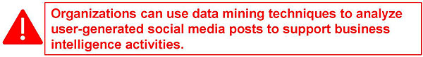 This slide is entitled, “Customer-Generated Social Media” with the subtitle, “Overview”. At the bottom of this slide, there is a red warning graphic (a triangle with a white exclamation point). Beside this warning graphic is red rectangle with the following words within it: “Organizations can use data mining techniques to analyze user-generated social media posts to support business intelligence activities”.
