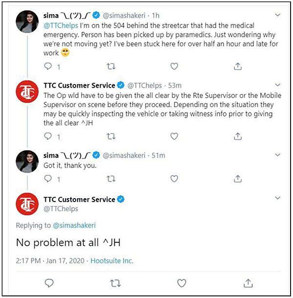 This slide is entitled, “Customer-Generated Social Media” with the subtitle, “Customer Questions”. There is a screenshot of a TTC Customer Service Twitter account responding to questions from riders. One rider tweets, “I’m on the 504 behind the streetcar that had the medical emergency. Person has been picked up by the paramedics. Just wondering why we’re not moving yet? I’ve been stuck here for over half an hour and late for work”, followed by an emoji of a worried face. TTC Customer Service responds, “The Op would have to be given the all clear by Rte Supervisor or the Mobile Supervisor on scene before they proceed. Depending on the situation they may be quickly inspecting the vehicle or taking witness info prior to giving the all clear.” The rider responds, “Got it, thank you”. TTC Customer service responds, “No problem at all”.