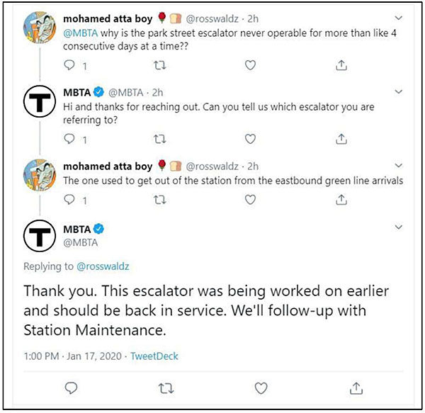 This slide is entitled, “Customer-Generated Social Media” with the subtitle, “Customer Complaints”. There is a screenshot of MBTA handling complaints from riders over Twitter. One rider tweets, “Why is the park street escalator never operable for more than like 4 consecutive days at a time?”. MBTA responds, “Hi and thanks for reaching out Can you tell us which escalator you are referring to?”. The rider responds, “The one used to get out of the station from the eastbound green line arrivals”. MBTA responds, “Thank you. This escalator was being worked on earlier and should be back in service. We’ll follow up with Station Maintenance”.