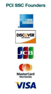 In the lower left-hand side of the page are several logos under the heading "PCI SSC Founders:" American Express logo, Discover Network logo (directly under the American Express logo), JCB logo (directly under the Discover Network logo), MasterCard Worldwide logo (directly below the JCB logo), and the VISA logo (directly below the MasterCard Worldwide logo).