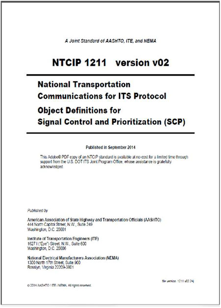 Author's relevant description: On the right side of the slide, there is a graphic of the cover page of the NTCIP 1211 v02 standard.