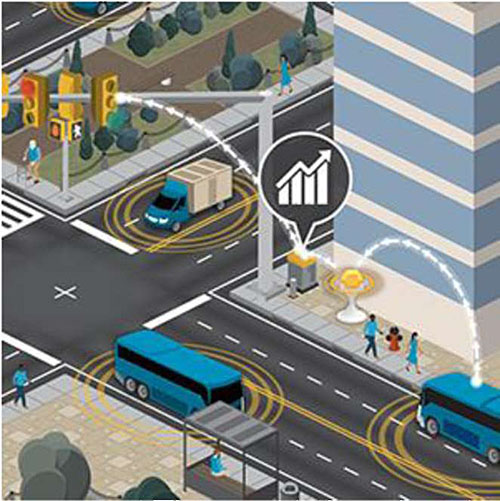 Title slide: This slide contains the title with a placeholder graphic of an intersection. The graphic shows a signalized intersection with two buses and a truck, each vehicle having three yellow rings around it to indicate wireless communication. Arrow flows are shown from a bus communicating with a beacon on the sidewalk. Arrow flows are shown pointing from the beacon to the intersection's traffic signal controller at the corner of the intersection. Finally, arrow flows are shown from the traffic signal controller to the traffic signal.