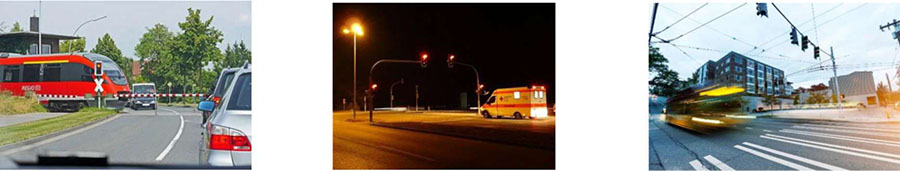 There are three graphics at the bottom of the slide. The first graphic is a photo of a transit bus stopped at a railroad crossing. The second graphic is a photo of an ambulance approaching a signalized intersection. The third graphic is a photo of a transit bus passing through a signalized intersection.