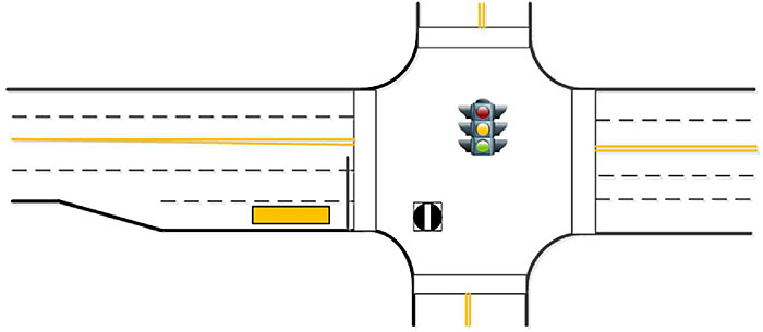 This slide is entitled, "Additional Deployment Guidance" with the subtitle, "Nearside/Farside." There is a graphic of a four-way intersection. At the center of the intersection is a graphic of a traffic signal. There are dashed, black lines indicating the lanes of the road. There are yellow lines indicating the nearside of the distinction between the direction of traffic. There is a yellow, rectangular box representative of a transit bus heading stopped at a stop bar on the left side of the diagram heading towards the right side.