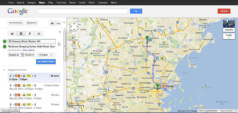 Google Transit Example. Please see the Extended Text Description below.