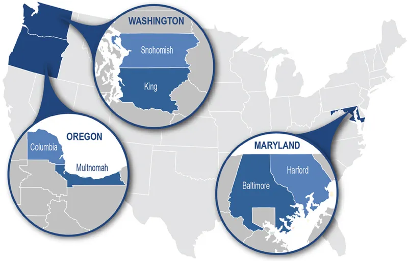 An image of a map showing the six pilot counties in three states: King and Snohomish counties in Washington state, Multnomah and Columbia counties in Oregon, and Harford and Baltimore counties in Maryland. 