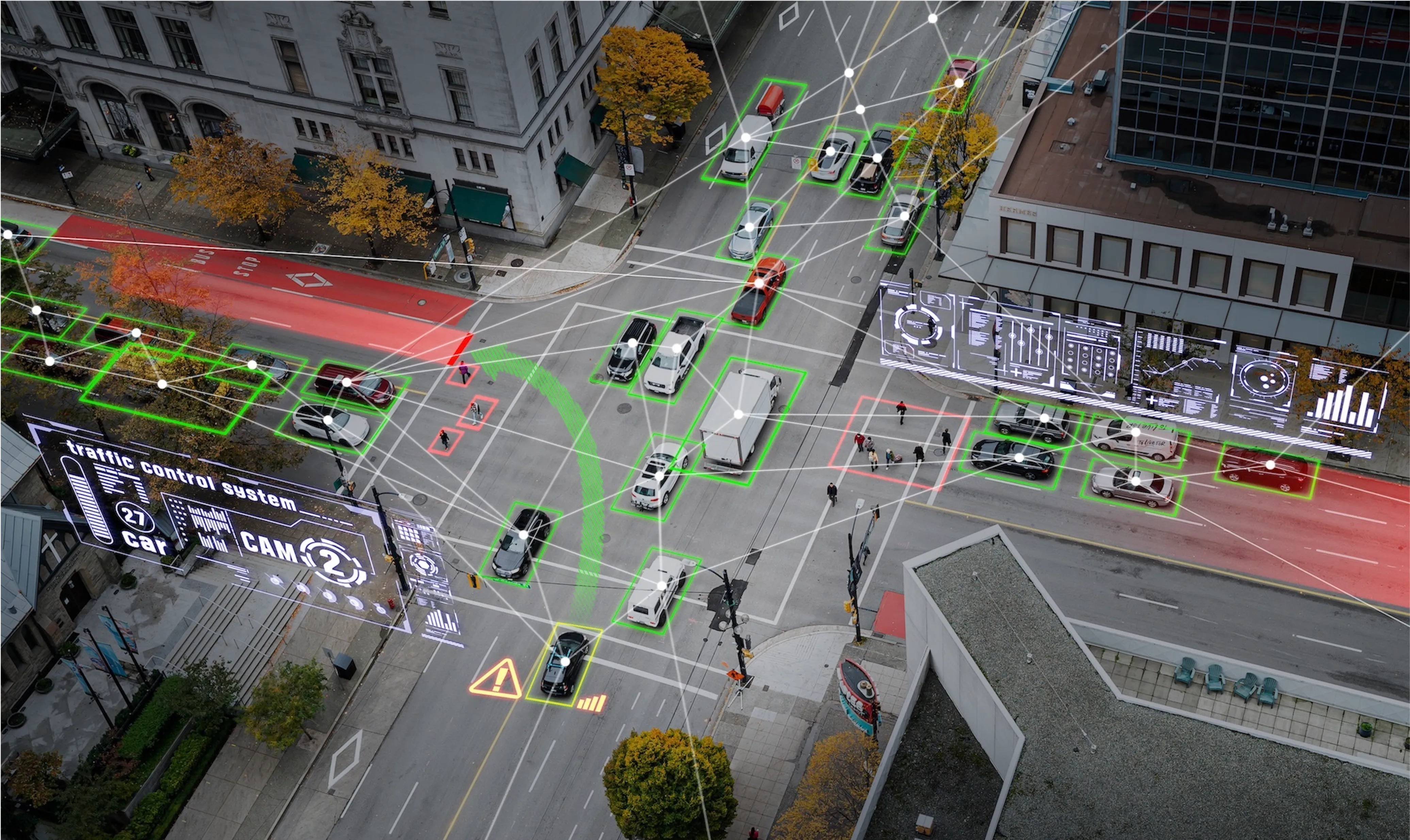 Aerial view of an urban intersection with vehicles highlighted in green detection boxes and a digital traffic control system display, showing real-time traffic monitoring and intelligent intersection management.