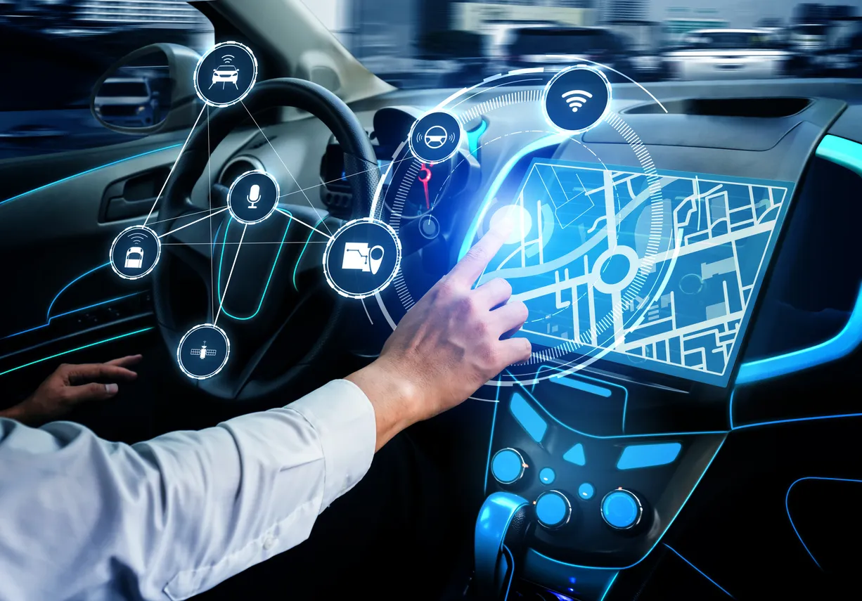 Driverless car interior with futuristic dashboard for autonomous control systems