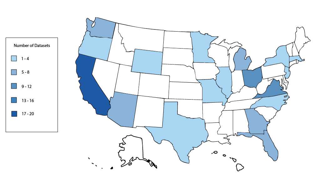 Map of the U.S displaying approximate locations of where some sample datasets on ITS DataHub come from.
