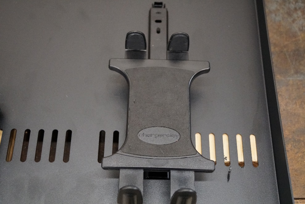 This photo shows the tablet mount on a component shelf.