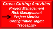 Red pullout box labeled Cross Cutting Activities, with items: Project Management, Risk Management, Project Metrics (black arrow pointing to this), Configuration Mgmt, Traceability.