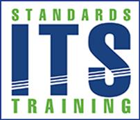 ITS Standards Training logo: blue box outline with Standards in green at top, ITS blue capital letters with white diagonal lines near the bottom of the letters, and Training in green at bottom.