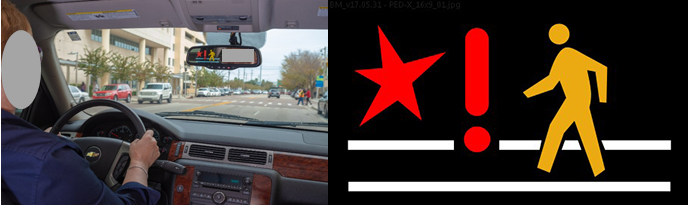Pedistrian Warning Symbol in rearview mirror