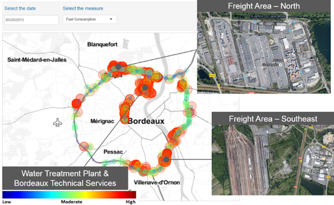 Image showing fuel consumption hotspots in Bordeaux observed using the emissions visualization tool