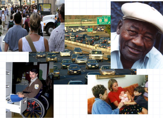 a photo collage of images. Clockwise from top left: people crossing an intersection, vehicles in moderate traffic on a highway, an older smiling man, a mother with her newborn, older child and another woman, a wheelchair-bound man working in an office.