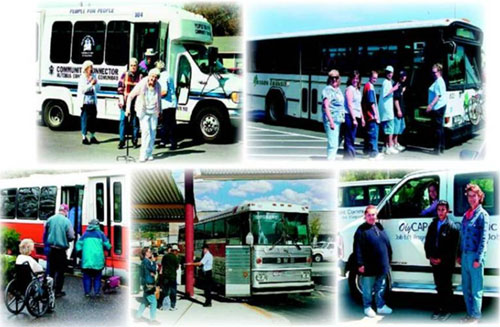 photo collage of various elderly and disabled persons entering and exiting buses and transportation vans