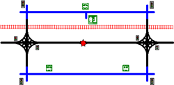 graphic representing highways, a railroad, stoplights, corners, and an accident on a highway