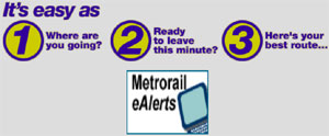 graphic showing metrorail e-alerts: it's easy as (1) where are you going, (2) ready to leave this minute, (3) here's your best route