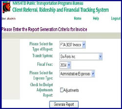 screen shot of a web-based form to enter Report Generation Criteria to retrieve an invoice