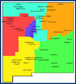 map of New Mexico naming some cities and split into 6 regions
