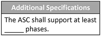 This slide contains a box with two cells. The top cell is labeled “Additional Specifications” and there is one row below with the text “The ASC shall support at least ____ phases”. The intent is to provide a simple example of what is required to be completed for the “Additional Specifications” of the PRL.