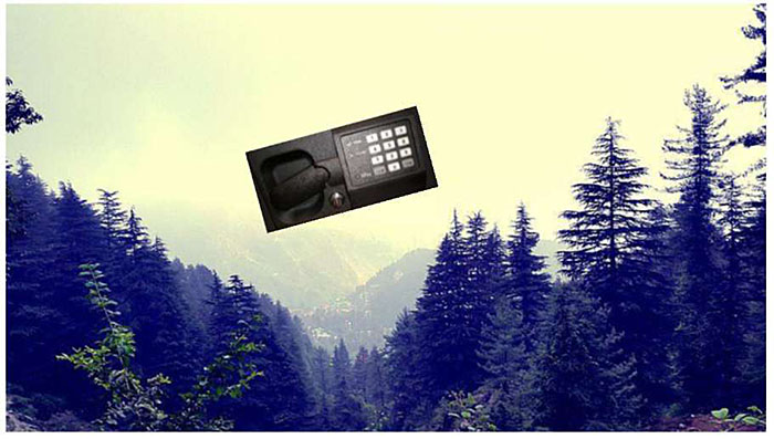 This slide shows an image of a safe floating in the air in the mountains.
